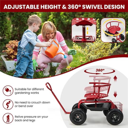 Costway Height-Adjustable Rolling Garden Cart Scooter with Swivel Seat